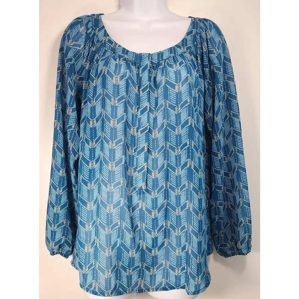 Ariat Blue Geometric Boho Peasant‎ Blouse Long Sleeve Small